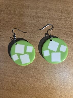 Green Acrylic 80's Style Dangle Earrings with White Square Inlay